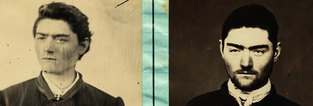 Black and white photo, prison mugshot of Ned Kelly